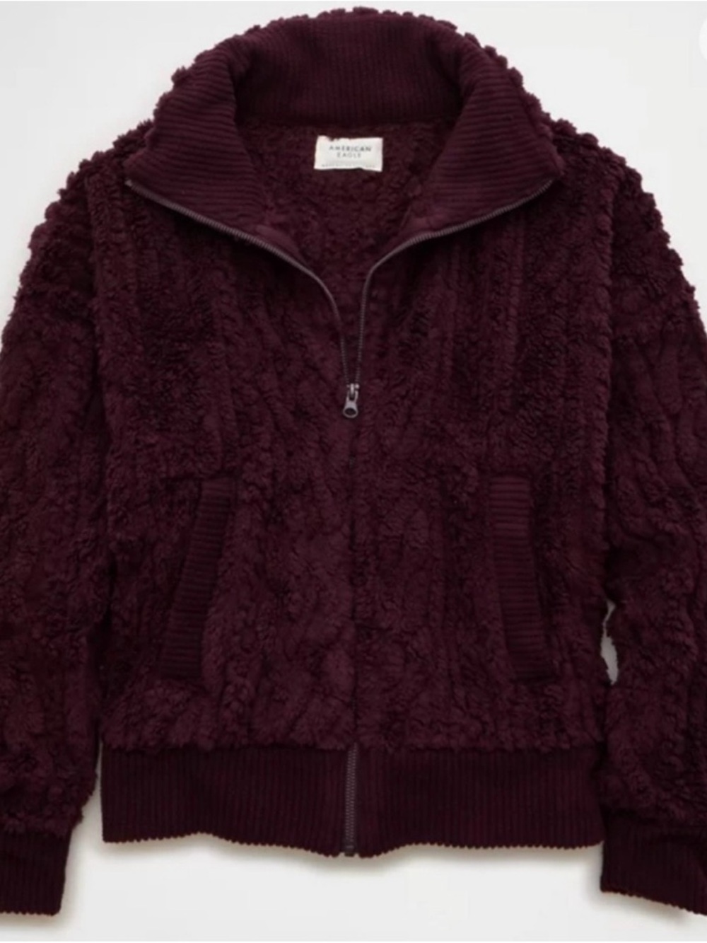 American Eagle Cable Sherpa Full Zip-Up Sweatshirt in Burgundy - Picture 8 of 10
